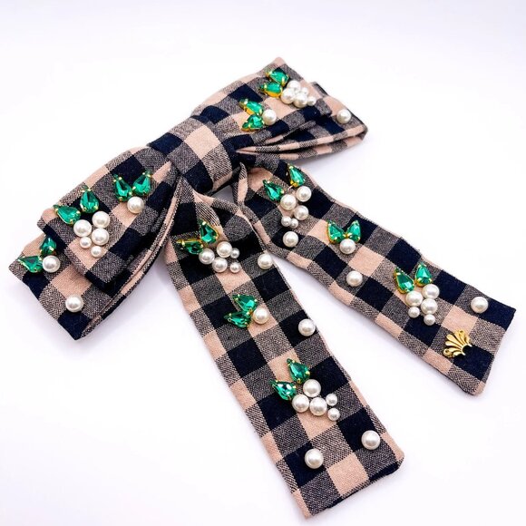 LELE SADOUGHI Picnic Check Pearl Embellished Antoinette Bow Barrette - Picture 5 of 7